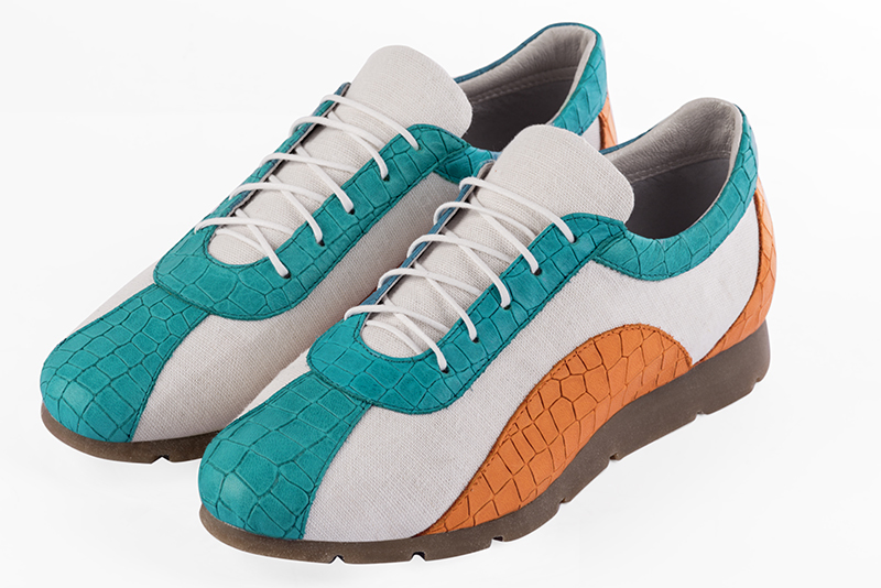 Turquoise blue, pure white and apricot orange women's three-tone elegant sneakers. Round toe. Flat rubber soles. Front view - Florence KOOIJMAN